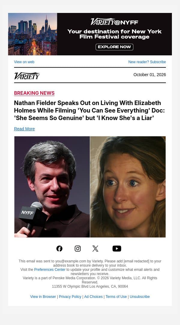 Nathan Fielder Speaks Out on Living With Elizabeth Holmes While Filming 'You Can See Everything' Doc: 'She Seems So Genuine' but 'I Know She's a Liar' email from Variety screenshot