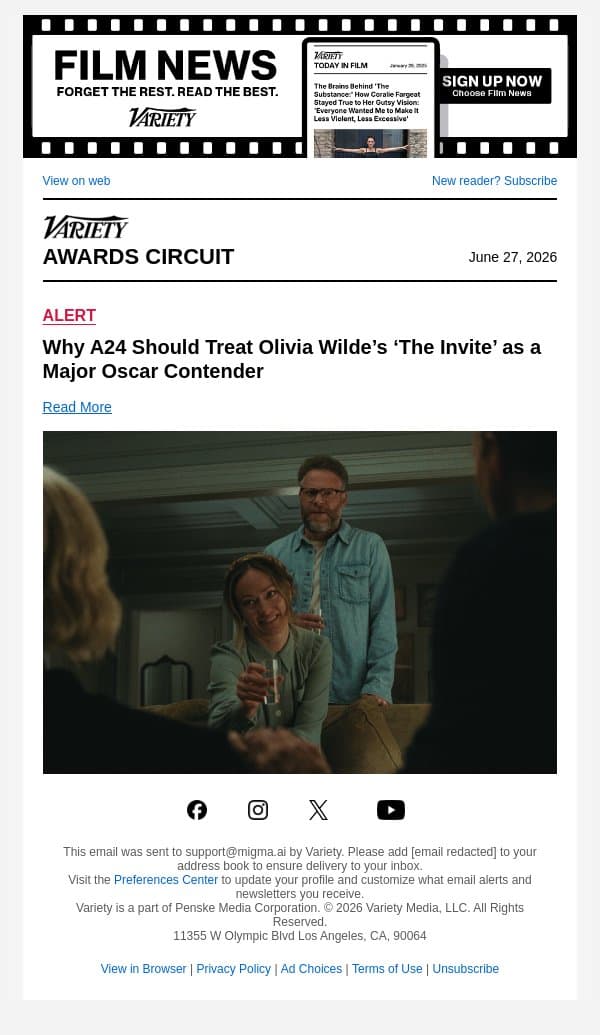 Why A24 Should Treat Olivia Wilde’s ‘The Invite’ as a Major Oscar Contender email from Variety screenshot