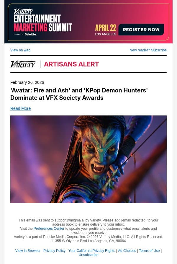 'Avatar: Fire and Ash' and 'KPop Demon Hunters' Dominate at VFX Society Awards email from Variety screenshot