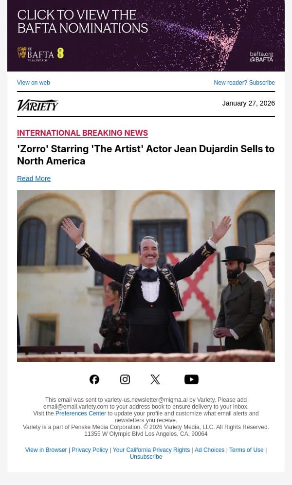 'Zorro' Starring 'The Artist' Actor Jean Dujardin Sells to North America email from Variety screenshot