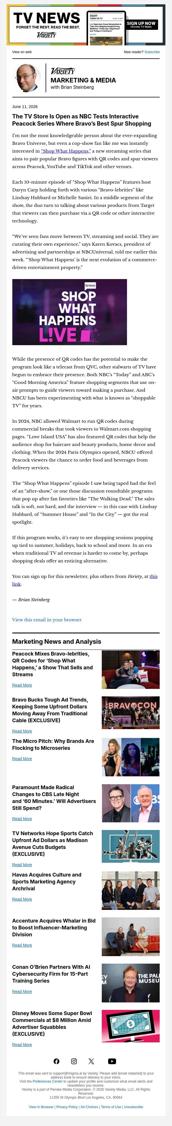 Media & Marketing Newsletter: NBCU's Interactive TV Shop Is Open; Bravo Bucks Upfront Trends; Conan Helps AI; Paramount Blows Up '60 Minutes' During Upfront; and More email from Variety screenshot