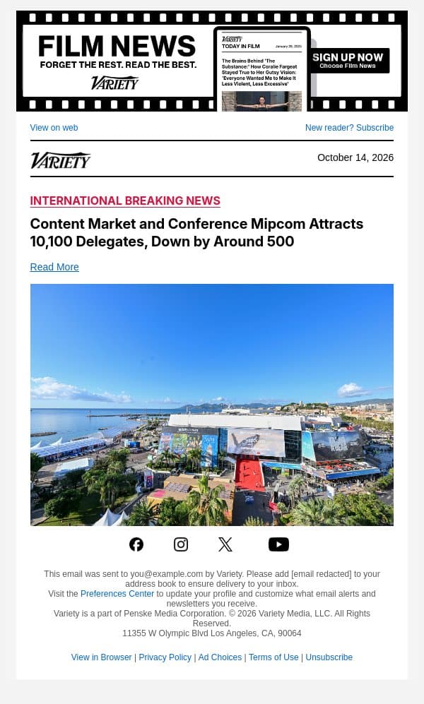 Content Market and Conference Mipcom Attracts 10,100 Delegates, Down by Around 500 email from Variety screenshot