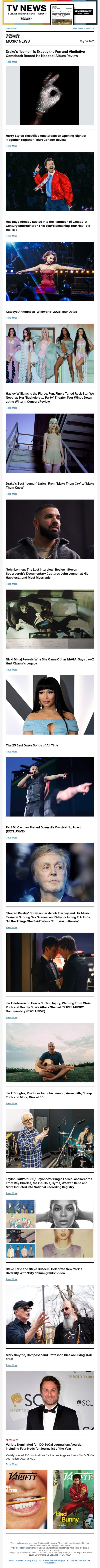 All Three of Drake's New Albums Reviewed; Harry Styles Opens Tour in Amsterdam; Hayley Williams and Raye Tour Finales, Soderbergh 'John Lennon' Doc Reviewed email from Variety screenshot