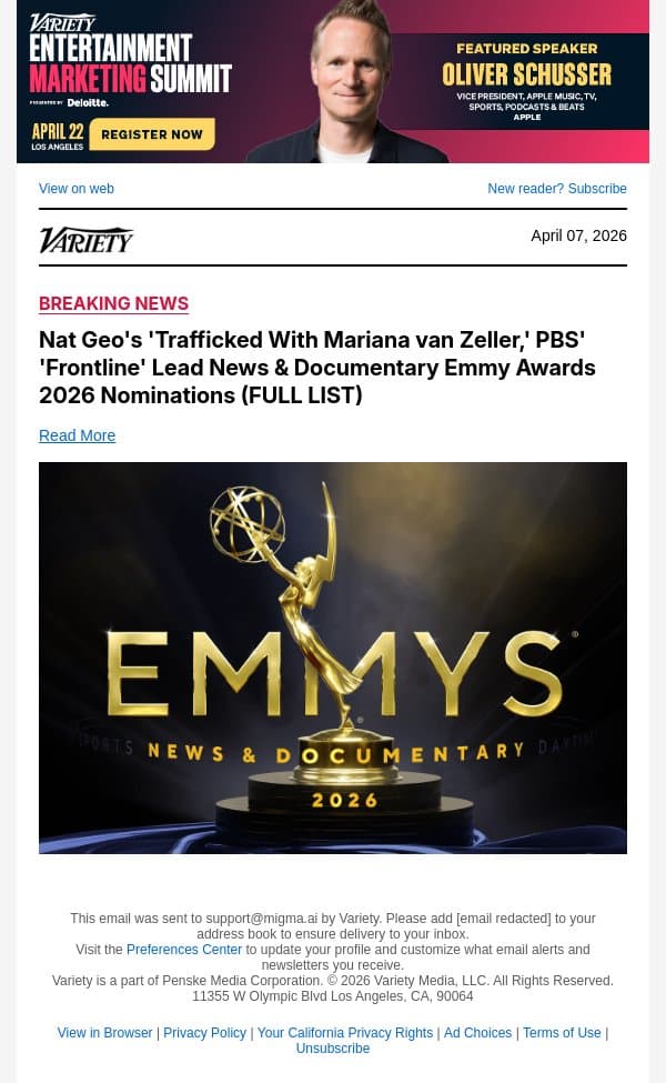 Nat Geo's 'Trafficked With Mariana van Zeller,' PBS' 'Frontline' Lead News and Documentary Emmy Awards 2026 Nominations (FULL LIST) email from Variety screenshot