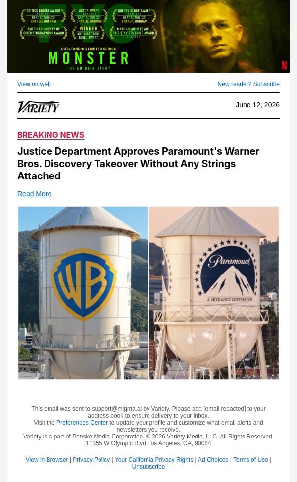 Justice Department Approves Paramount's Warner Bros. Discovery Takeover Without Any Strings Attached email from Variety screenshot