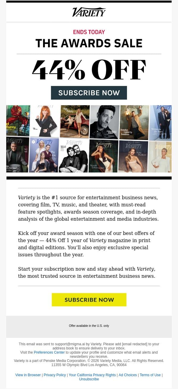 Awards Season Savings End Today — 44% Off Variety email from Variety screenshot