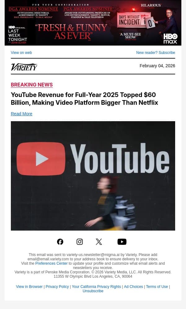 YouTube Revenue for Full-Year 2025 Topped $60 Billion, Making Video Platform Bigger Than Netflix email from Variety screenshot