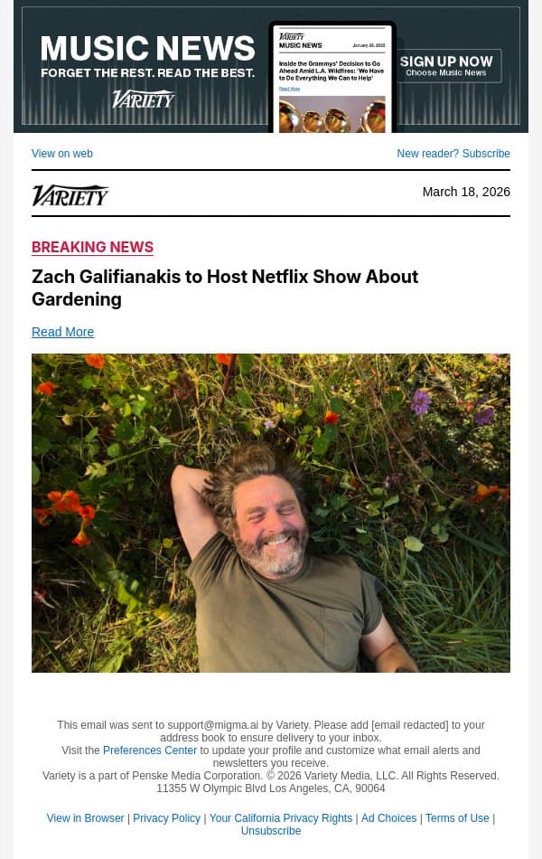 Zach Galifianakis to Host Netflix Show About Gardening email from Variety screenshot