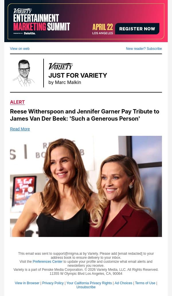 Reese Witherspoon and Jennifer Garner Pay Tribute to James Van Der Beek: 'Such a Generous Person' email from Variety screenshot