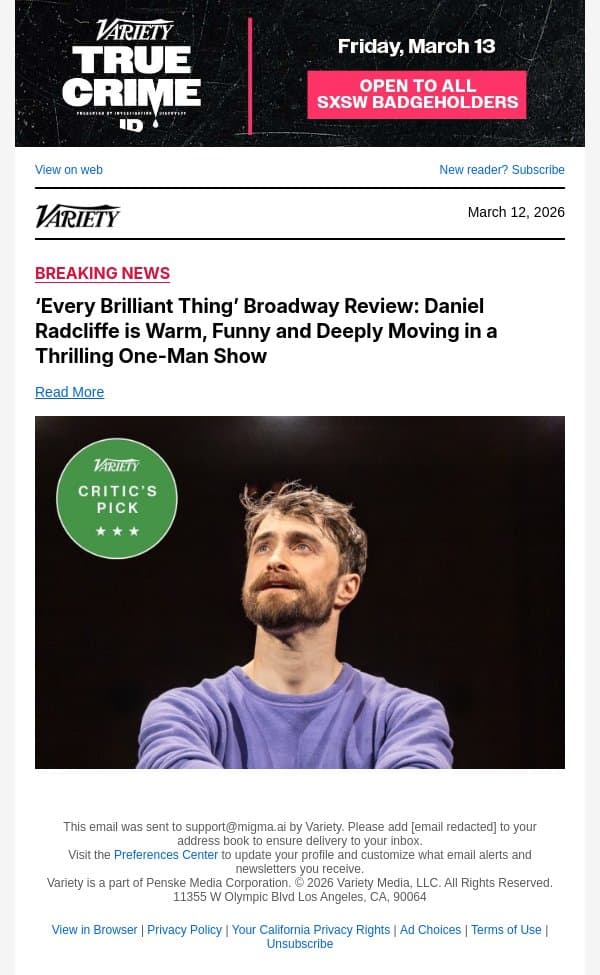 ‘Every Brilliant Thing’ Broadway Review: Daniel Radcliffe is Warm, Funny and Deeply Moving in a Thrilling One-Man Show email from Variety screenshot