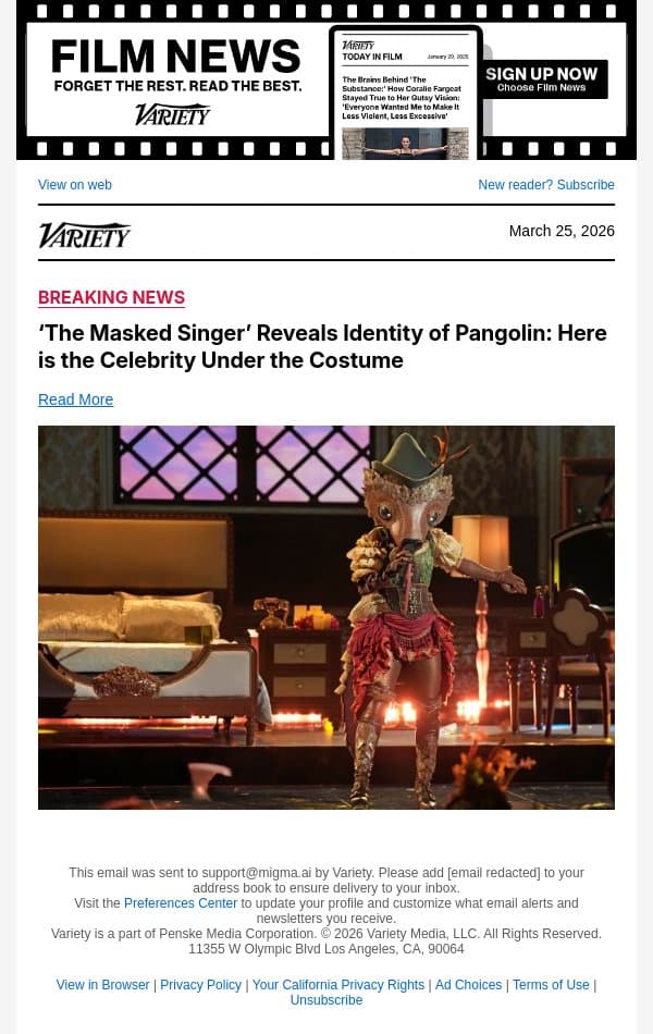 ‘The Masked Singer’ Reveals Identity of Pangolin: Here is the Celebrity Under the Costume email from Variety screenshot