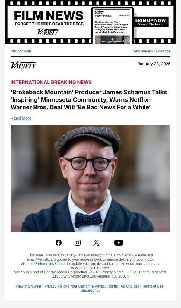 ‘Brokeback Mountain’ Producer James Schamus Talks ‘Inspiring’ Minnesota Community, Warns Netflix-Warner Bros. Deal Will ‘Be Bad News For a While’ email from Variety screenshot