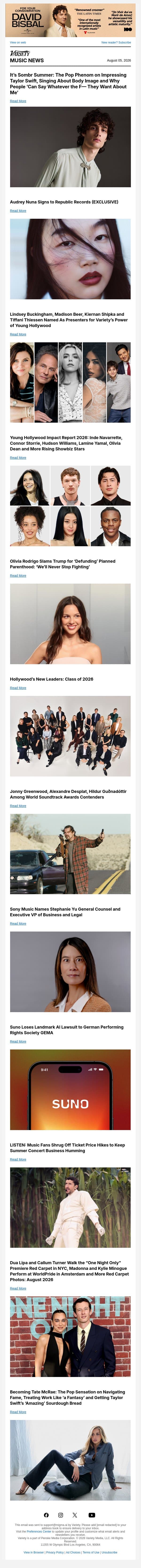 Sombr Power of Young Hollywood Cover Story; Audrey Nuna Signs with Republic; Olivia Rodrigo Defends Planned Parenthood Against Trump email from Variety screenshot