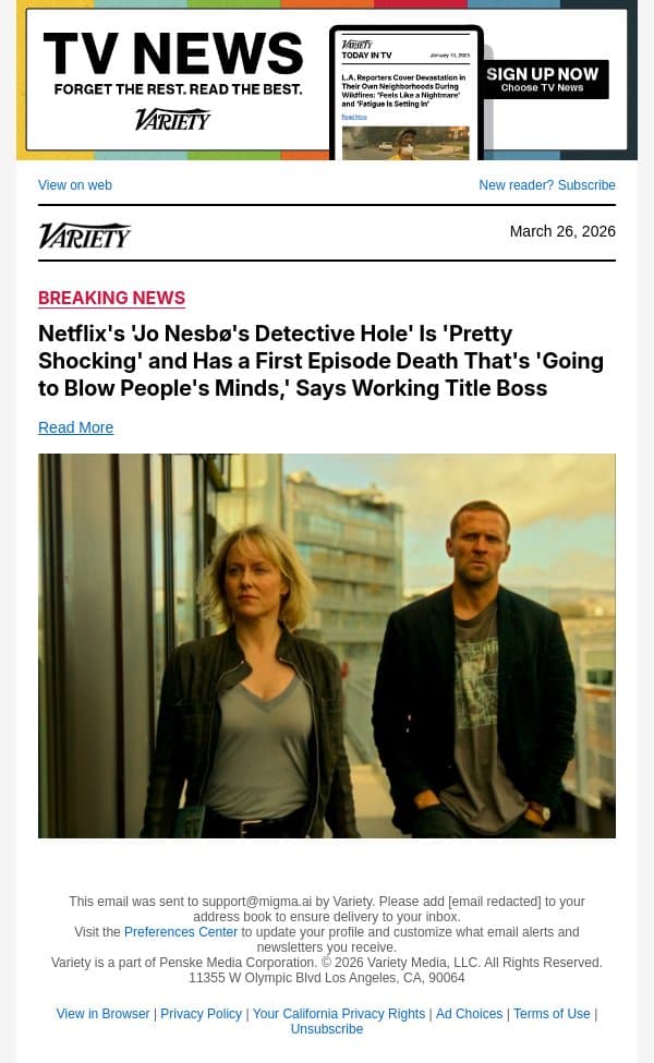 Netflix's 'Jo Nesbø's Detective Hole' Is 'Pretty Shocking' and Has a First Episode Death That's 'Going to Blow People's Minds,' Says Working Title Boss email from Variety screenshot