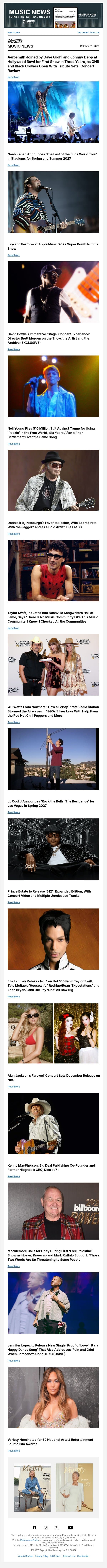 Aerosmith Leads All-Star Bowl Shows After Three Years Off; Jay-Z Books HImself for Super Bowl; Brett Morgen Previews Bowie Multi-Media Arena Experience email from Variety screenshot