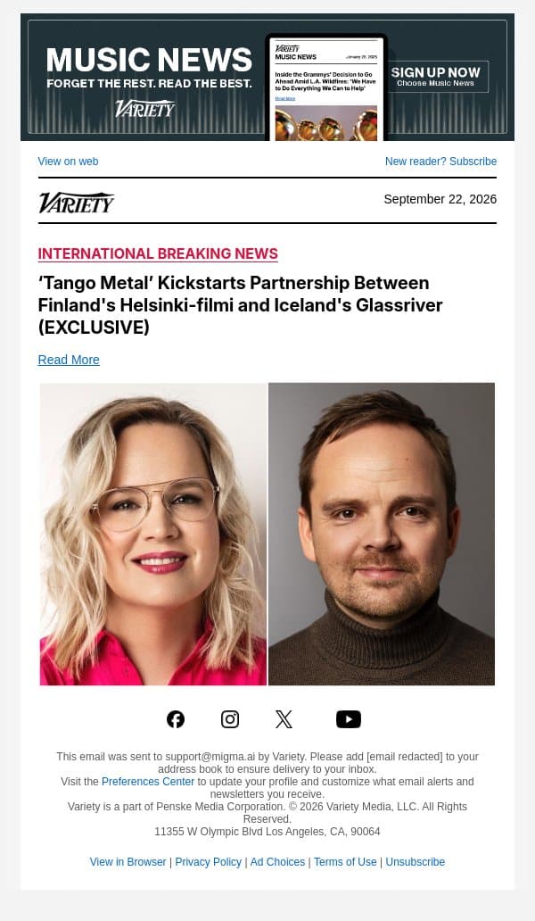 ‘Tango Metal’ Kickstarts Partnership Between Finland's Helsinki-filmi and Iceland's Glassriver (EXCLUSIVE) email from Variety screenshot
