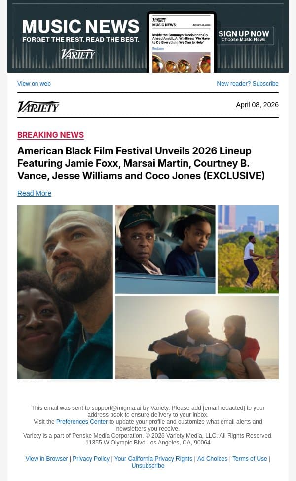 American Black Film Festival Unveils 2026 Lineup Featuring Jamie Foxx, Marsai Martin, Courtney B. Vance, Jesse Williams and Coco Jones (EXCLUSIVE) email from Variety screenshot