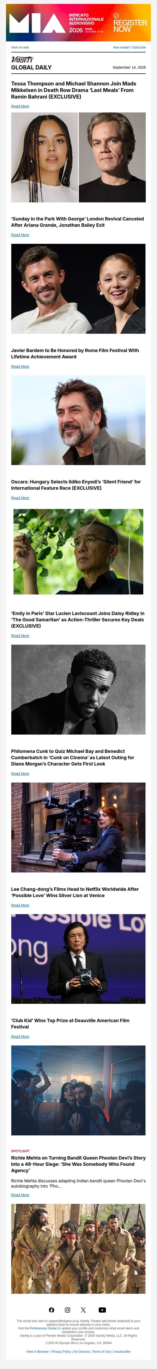 Tessa Thompson, Michael Shannon's New Film; 'Sunday in the Park With George' Canceled; Javier Bardem's Rome Honor email from Variety screenshot