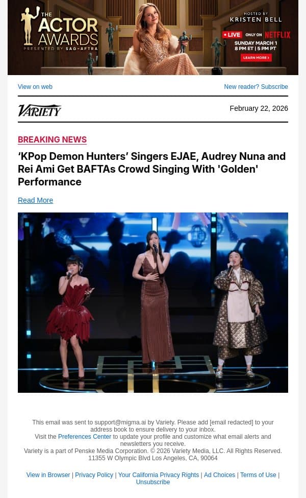 ‘KPop Demon Hunters’ Singers EJAE, Audrey Nuna and Rei Ami Get BAFTAs Crowd Singing With 'Golden' Performance email from Variety screenshot
