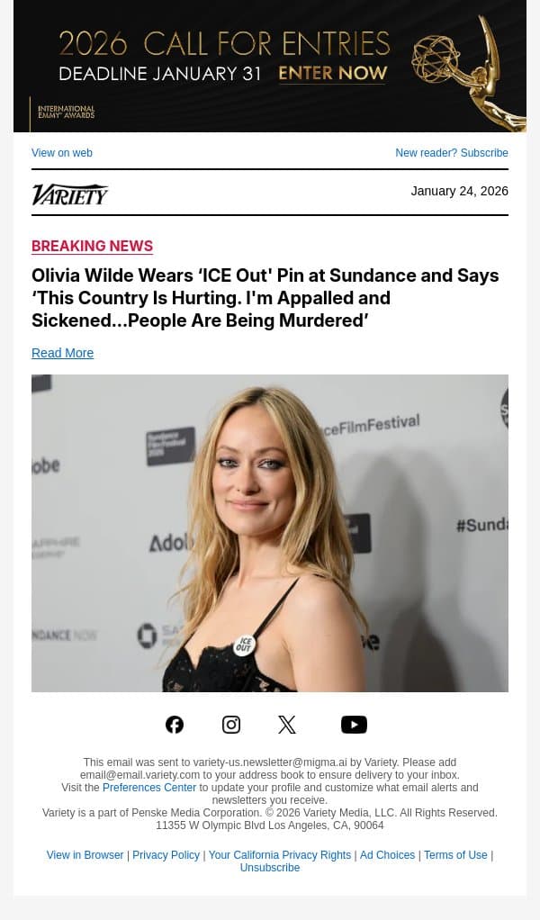 Olivia Wilde Wears ‘ICE Out' Pin at Sundance and Says ‘This Country Is Hurting. I'm Appalled and Sickened...People Are Being Murdered’ email from Variety screenshot