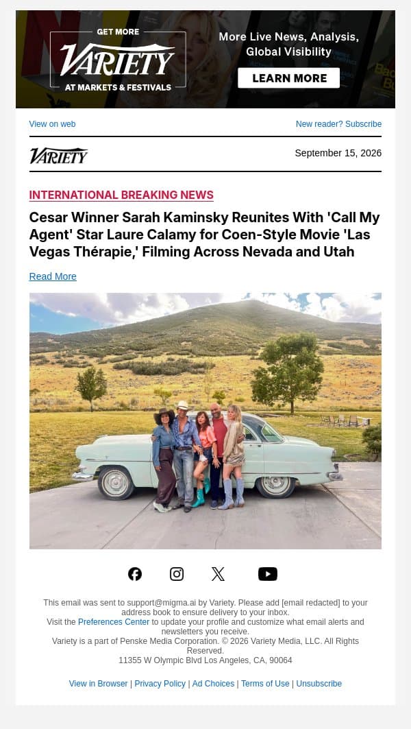 Cesar Winner Sarah Kaminsky Reunites With 'Call My Agent' Star Laure Calamy for Coen-Style Movie 'Las Vegas Thérapie,' Filming Across Nevada and Utah email from Variety screenshot