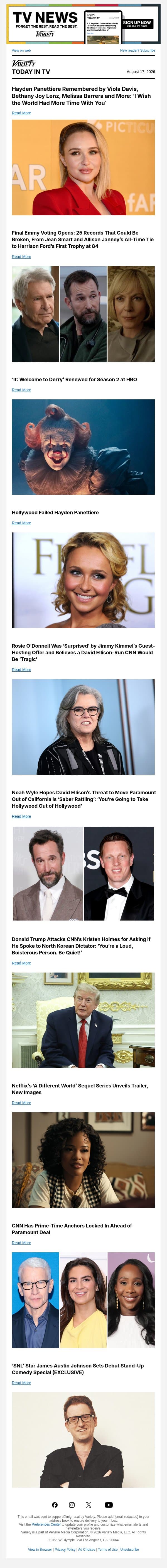 Hayden Panettiere Remembered; Final Emmy Voting Opens; ‘It: Welcome to Derry’ Renewed email from Variety screenshot