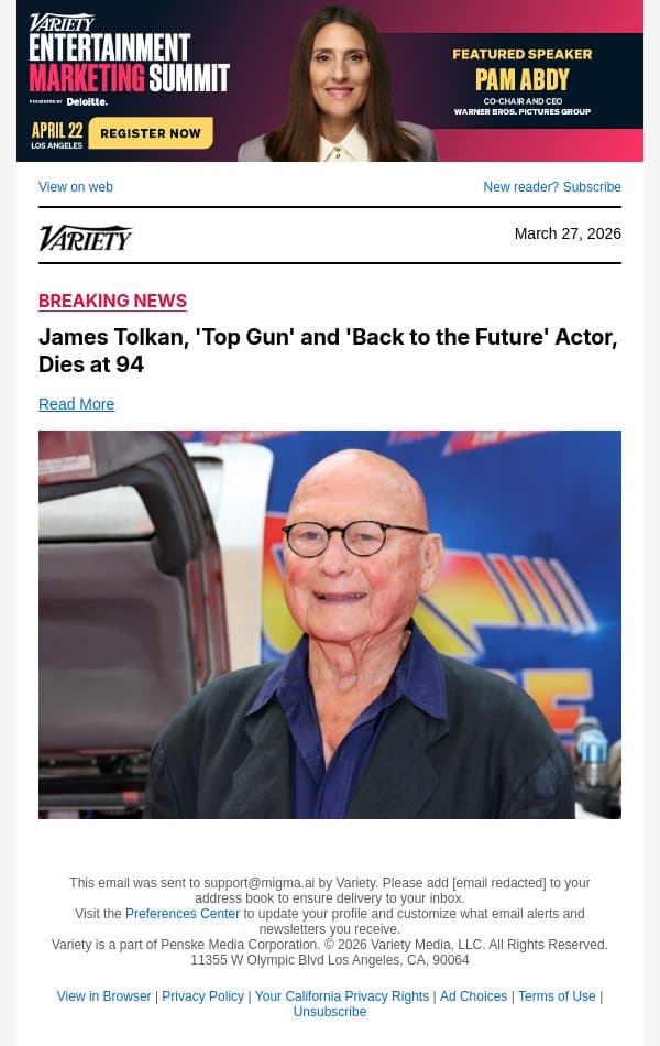 James Tolkan, 'Top Gun' and 'Back to the Future' Actor, Dies at 94 email from Variety screenshot