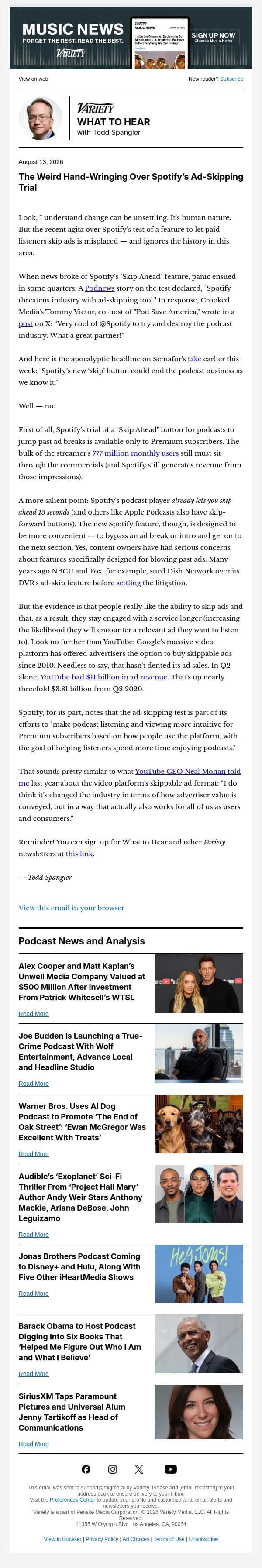 What to Hear Podcast Newsletter: Spotify's Ad-Skipping Controversy; Alex Cooper's Major New Investor; Disney+ Streaming Jonas Bros. Show; Joe Budden Cracks Into True Crime email from Variety screenshot