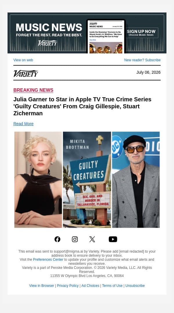 Julia Garner to Star in Apple TV True Crime Series 'Guilty Creatures' From Craig Gillespie, Stuart Zicherman email from Variety screenshot