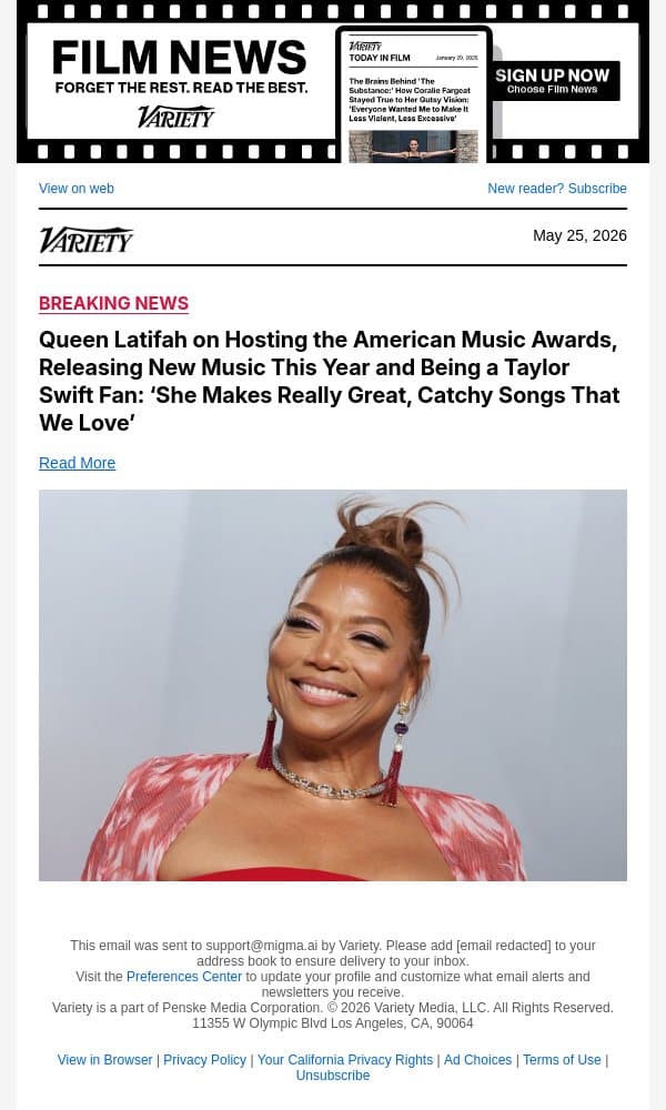 Queen Latifah on Hosting the American Music Awards, Releasing New Music This Year and Being a Taylor Swift Fan: ‘She Makes Really Great, Catchy Songs That We Love’ email from Variety screenshot