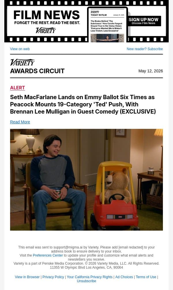 Seth MacFarlane Lands on Emmy Ballot Six Times as Peacock Mounts 19-Category 'Ted' Push, With Brennan Lee Mulligan in Guest Comedy (EXCLUSIVE) email from Variety screenshot