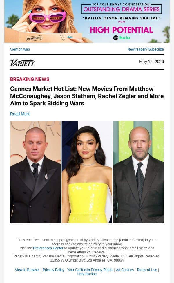 Cannes Market Hot List: New Movies From Matthew McConaughey, Jason Statham, Rachel Zegler and More Aim to Spark Bidding Wars email from Variety screenshot