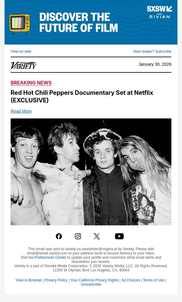 Red Hot Chili Peppers Documentary Set at Netflix (EXCLUSIVE) email from Variety screenshot