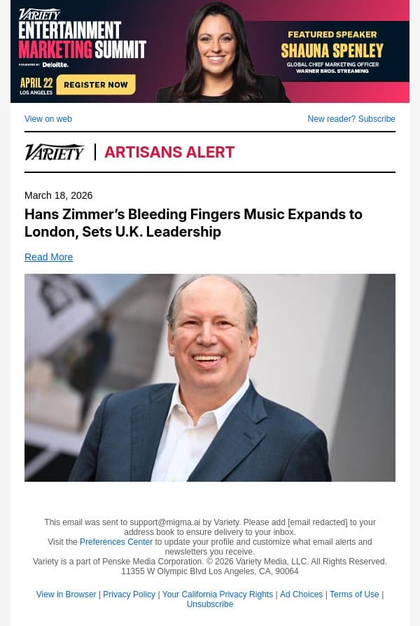 Hans Zimmer’s Bleeding Fingers Music Expands to London, Sets U.K. Leadership email from Variety screenshot