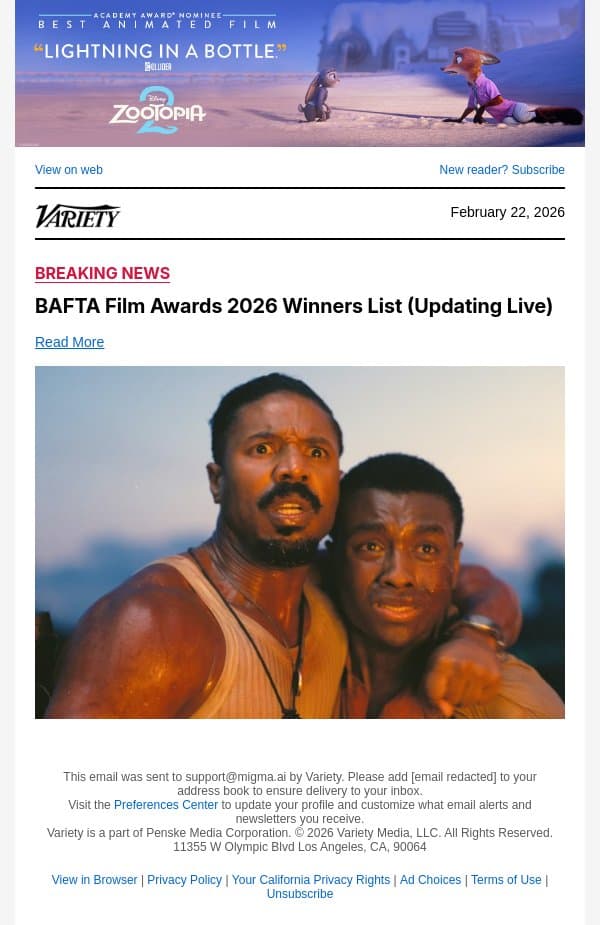 'Sinners' Wins BAFTA for Best Original Score email from Variety screenshot