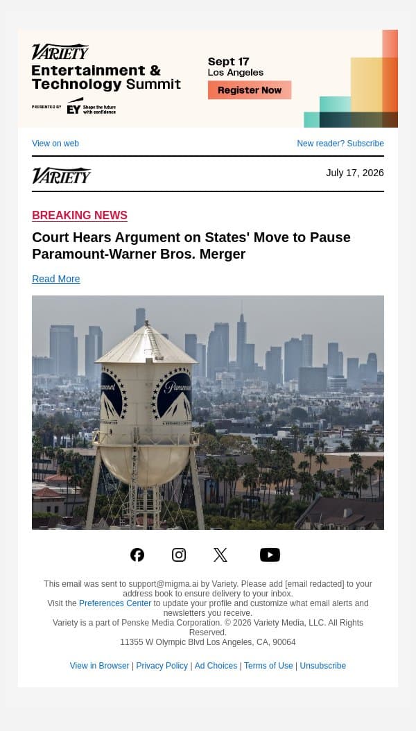 Court Hears Argument on States' Move to Pause Paramount-Warner Bros. Merger email from Variety screenshot