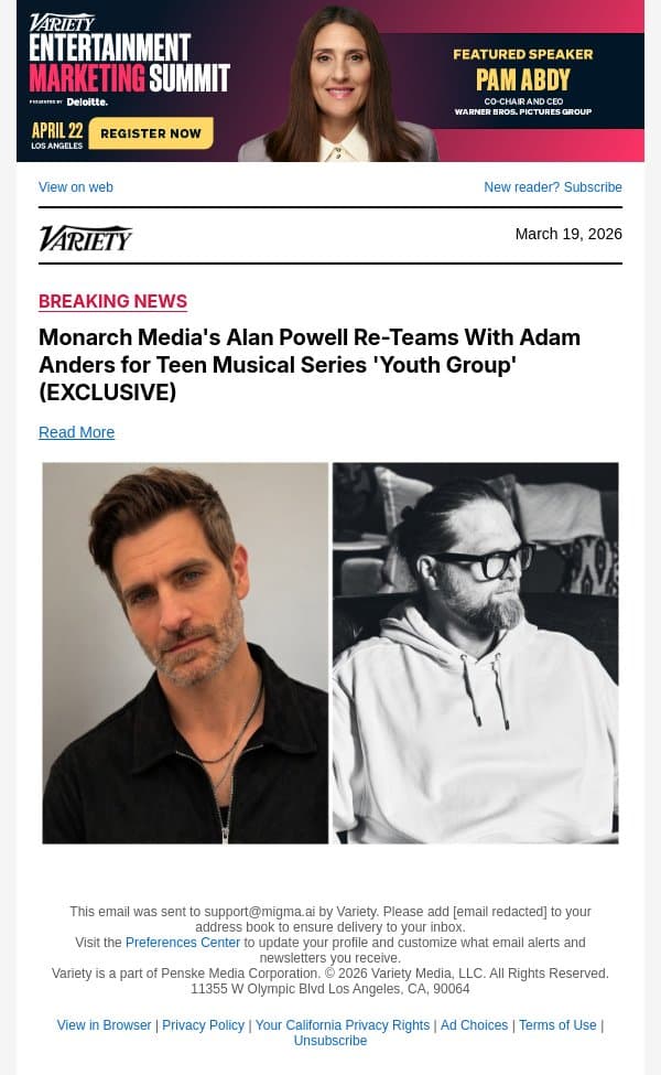 Monarch Media's Alan Powell Re-Teams With Adam Anders for Teen Musical Series 'Youth Group' (EXCLUSIVE) email from Variety screenshot