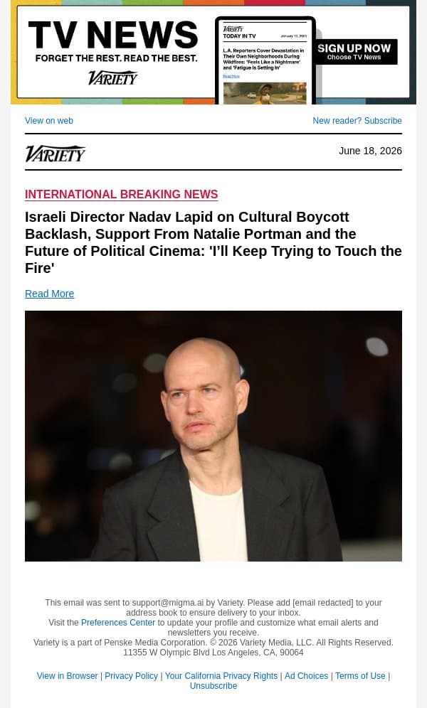 Israeli Director Nadav Lapid on Cultural Boycott Backlash, Support From Natalie Portman and the Future of Political Cinema: 'I’ll Keep Trying to Touch the Fire' email from Variety screenshot