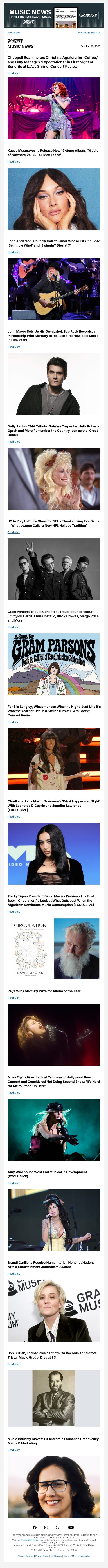 Chappell Roan Teams Up With Christina Aguilera at Benefit; Kacey Musgraves to Release 'Middle of Nowhere' Sequel; John Anderson, RIP email from Variety screenshot
