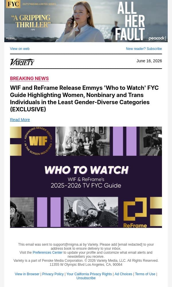 WIF and ReFrame Release Emmys 'Who to Watch' FYC Guide Highlighting Women, Nonbinary and Trans Individuals in the Least Gender-Diverse Categories (EXCLUSIVE) email from Variety screenshot