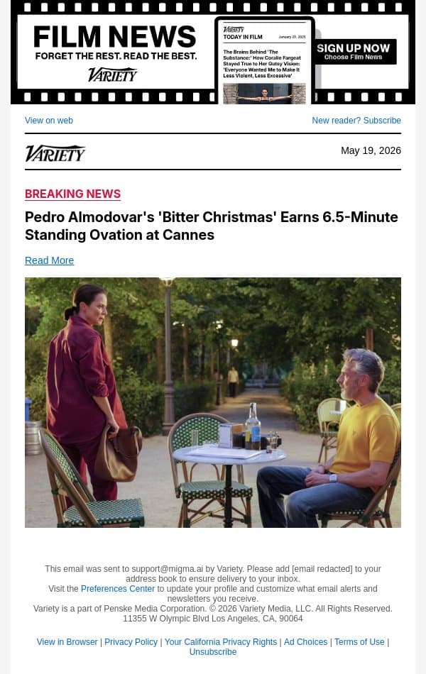 Pedro Almodovar's 'Bitter Christmas' Earns 6.5-Minute Standing Ovation at Cannes email from Variety screenshot
