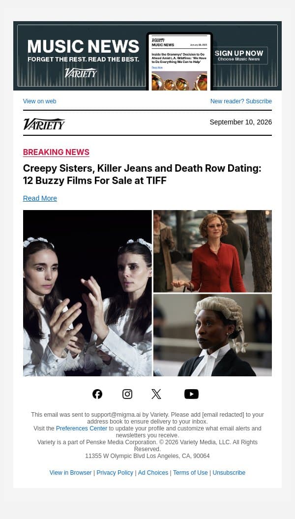 Creepy Sisters, Killer Jeans and Death Row Dating: 12 Buzzy Films For Sale at TIFF email from Variety screenshot