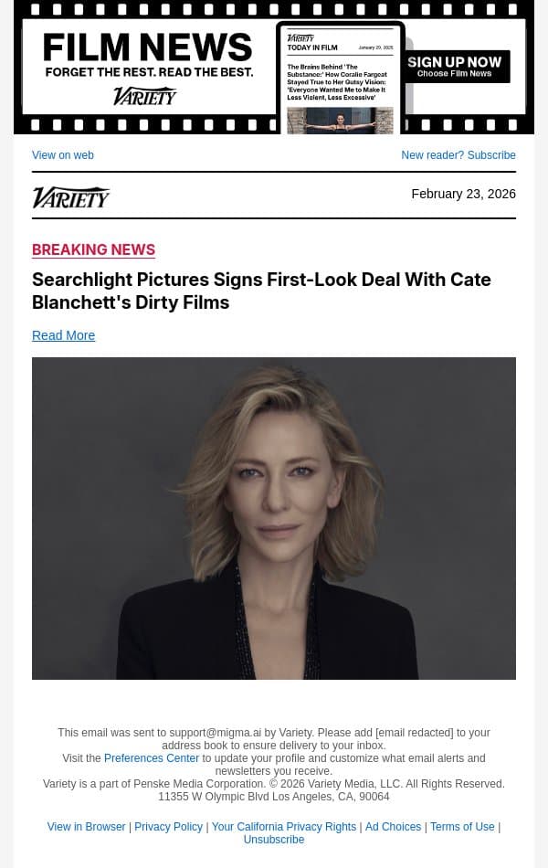 Searchlight Pictures Signs First-Look Deal With Cate Blanchett's Dirty Films email from Variety screenshot