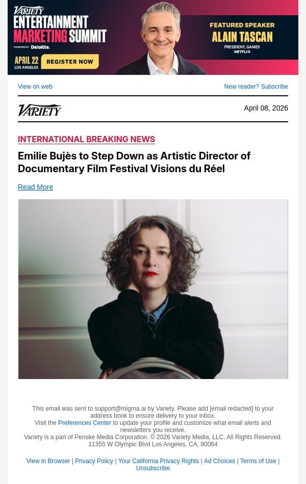 Emilie Bujès to Step Down as Artistic Director of Documentary Film Festival Visions du Réel email from Variety screenshot