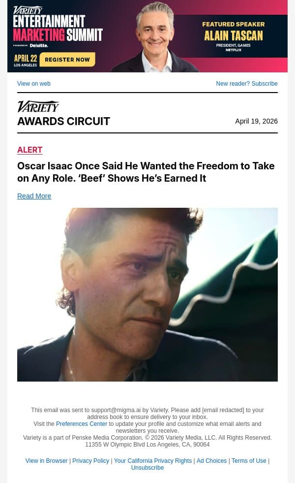 Oscar Isaac Once Said He Wanted the Freedom to Take on Any Role. ‘Beef’ Shows He’s Earned It email from Variety screenshot