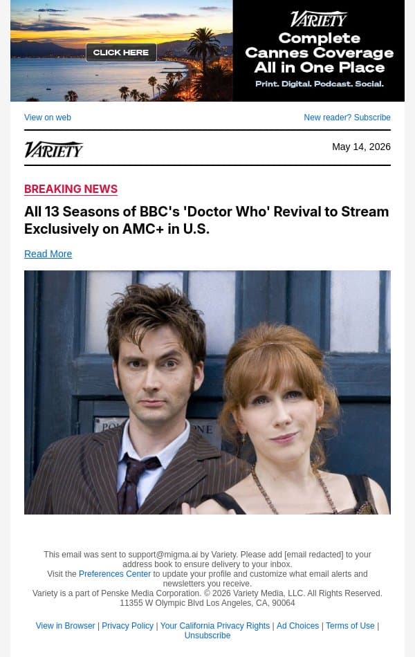 All 13 Seasons of BBC's 'Doctor Who' Revival to Stream Exclusively on AMC+ in U.S. email from Variety screenshot