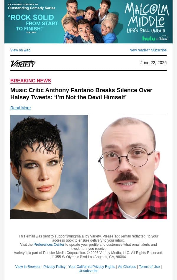 Music Critic Anthony Fantano Breaks Silence Over Halsey Tweets: ‘I’m Not the Devil Himself’ email from Variety screenshot