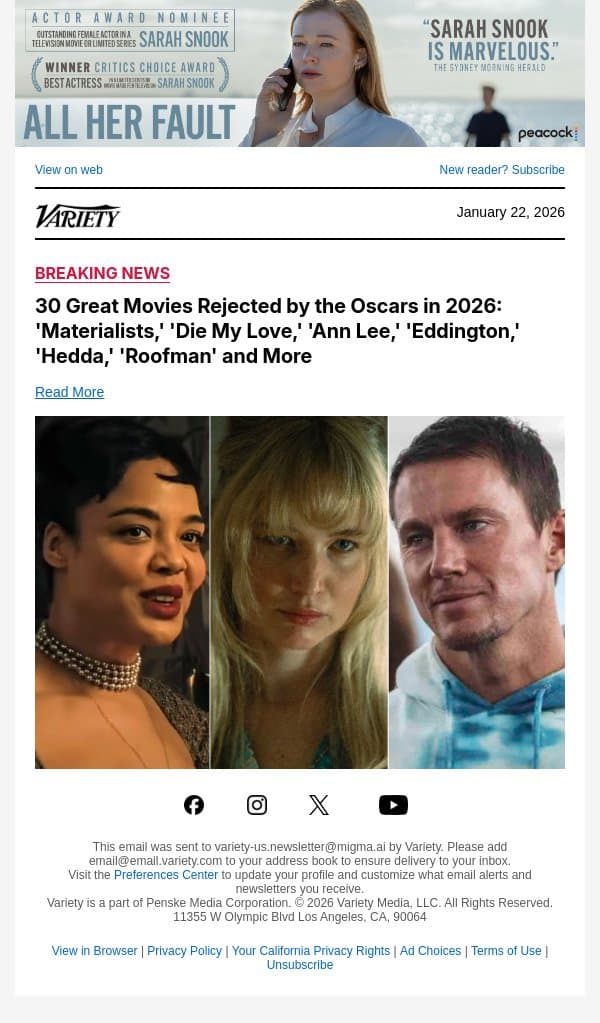 30 Great Movies Rejected by the Oscars in 2026: 'Materialists,' 'Die My Love,' 'Ann Lee,' 'Eddington,' 'Hedda,' 'Roofman' and More email from Variety screenshot