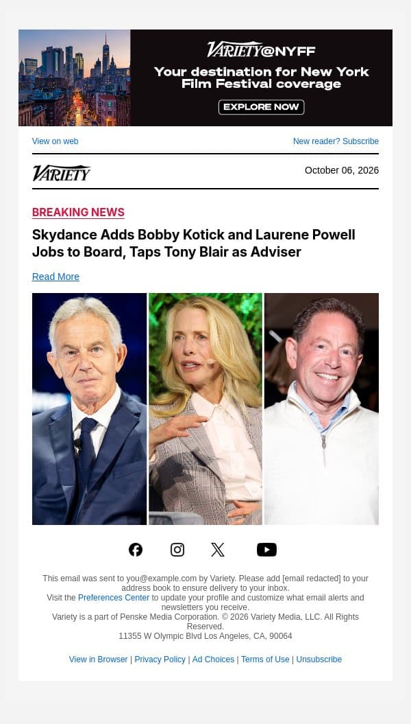Skydance Adds Bobby Kotick and Laurene Powell Jobs to Board, Taps Tony Blair as Adviser email from Variety screenshot