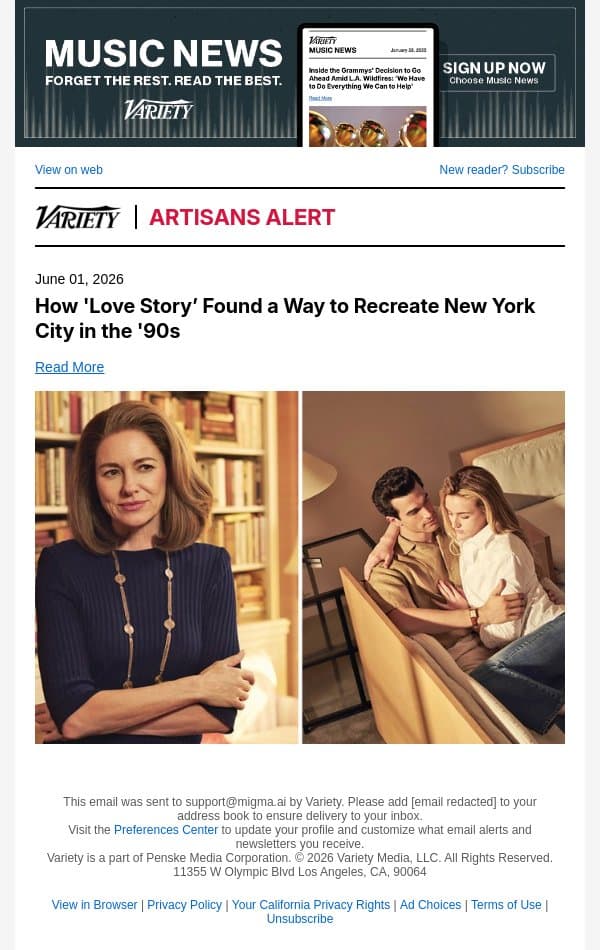 How 'Love Story’ Found a Way to Recreate New York City in the '90s email from Variety screenshot